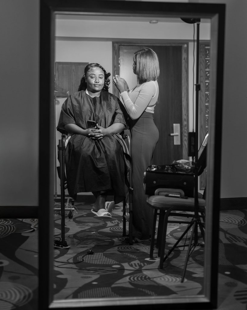 Bride having her makeup done while getting ready at the Viscount Gort Hotel