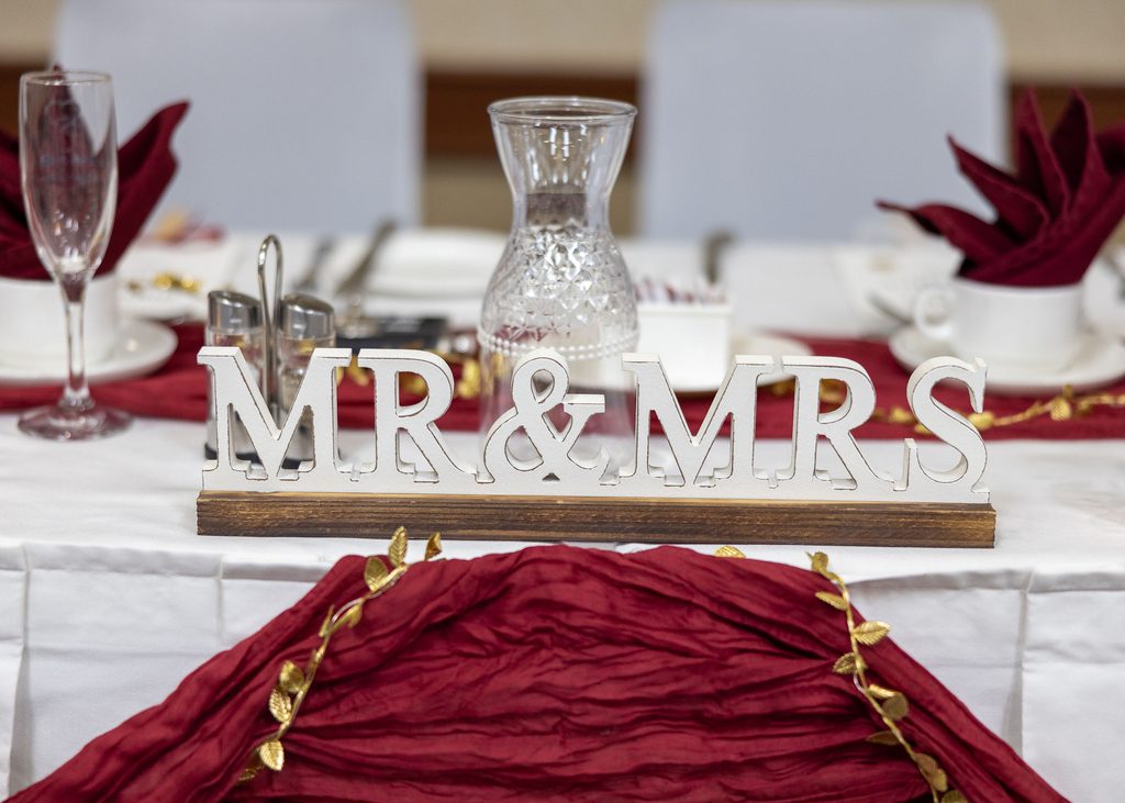Mr and Mrs reception detail at an indoor Winnipeg wedding