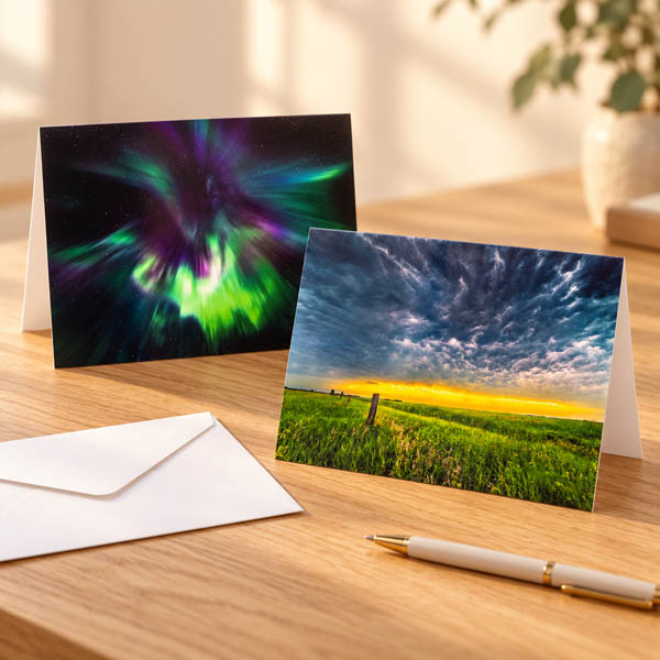 Aurora Symphony and Fire Behind the Storm folded greeting cards on a wooden desk