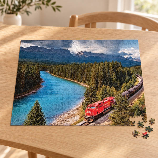 Partly assembled Banff Train photo puzzle with loose pieces on a wooden table