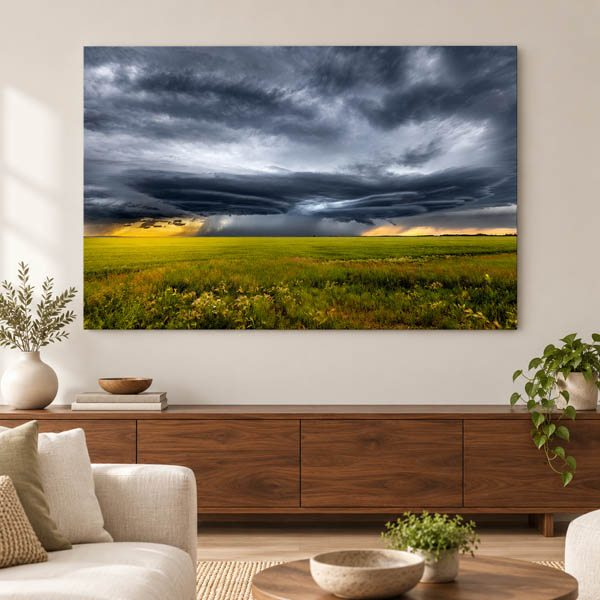 Wawanesa prairie storm photograph displayed as a metal print