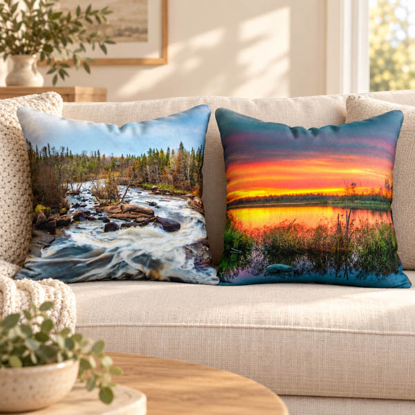Fall River Rapids and White Lake Sunset photo pillows on a cream sofa