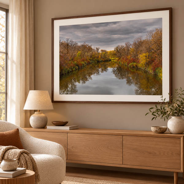 Framed photograph of autumn trees reflected in a river