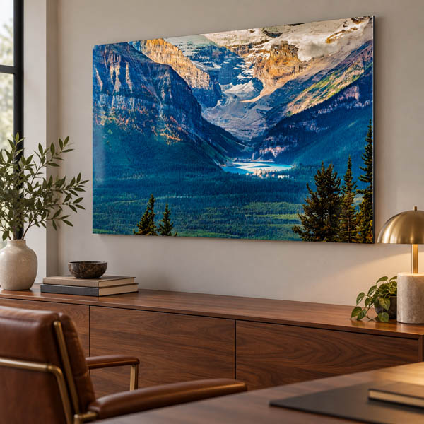 Lake Louise metal print displayed above a walnut console