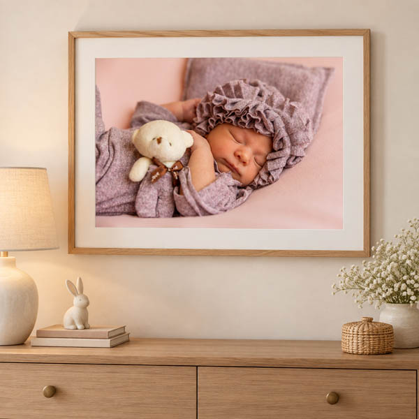 Oak-framed portrait of a sleeping newborn holding a teddy bear, displayed above a dresser in a nursery.