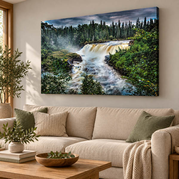 Pisew Falls gallery-wrapped canvas displayed above a linen sofa