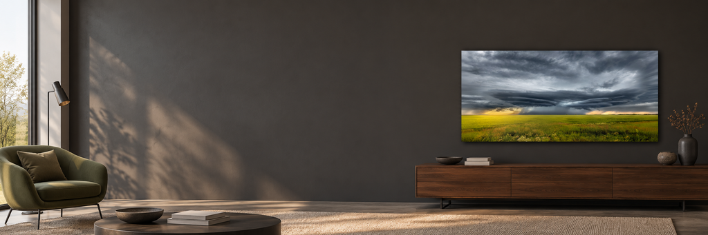 Prairie storm photograph displayed as wall art in a modern room