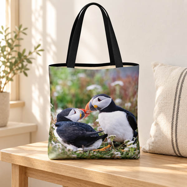 Kissing Puffins photo tote with black handles displayed on an oak bench