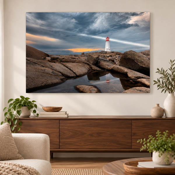 Peggy’s Cove lighthouse photograph displayed as a floating metal print