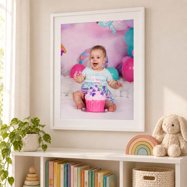 White-framed portrait of a smiling baby with a birthday cake and balloons, displayed above a nursery bookcase.