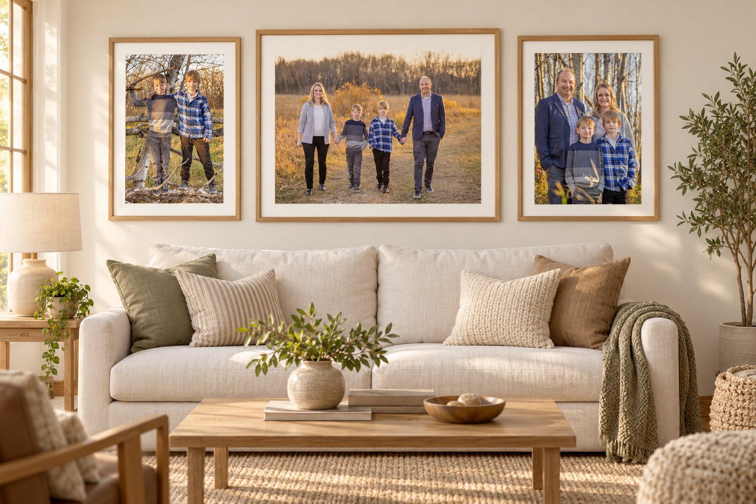 Three distinct autumn family photographs arranged in oak frames above a linen sofa.
