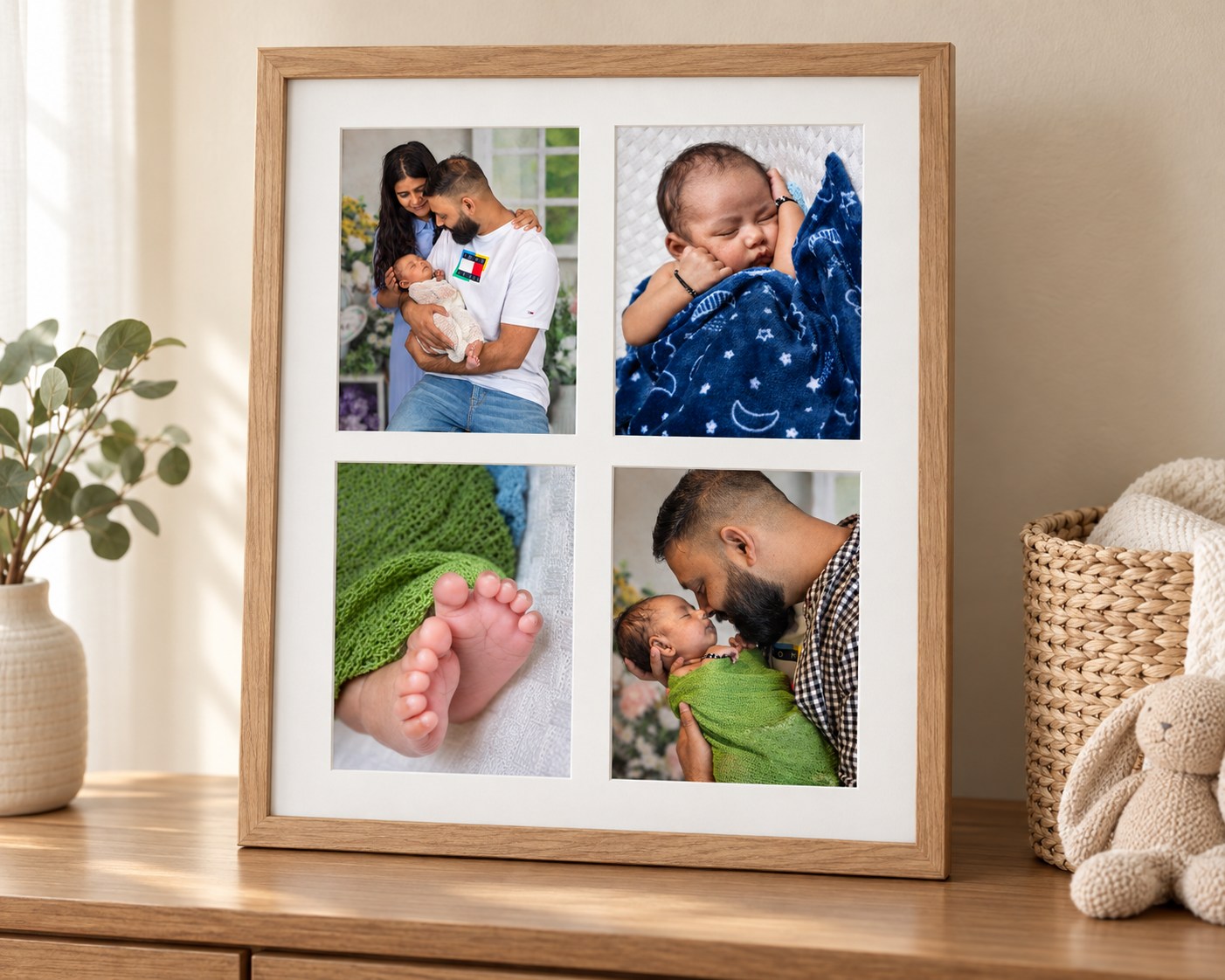 One oak frame with a white mat and four portrait openings arranged in a two by two grid with photographs from a newborn session.