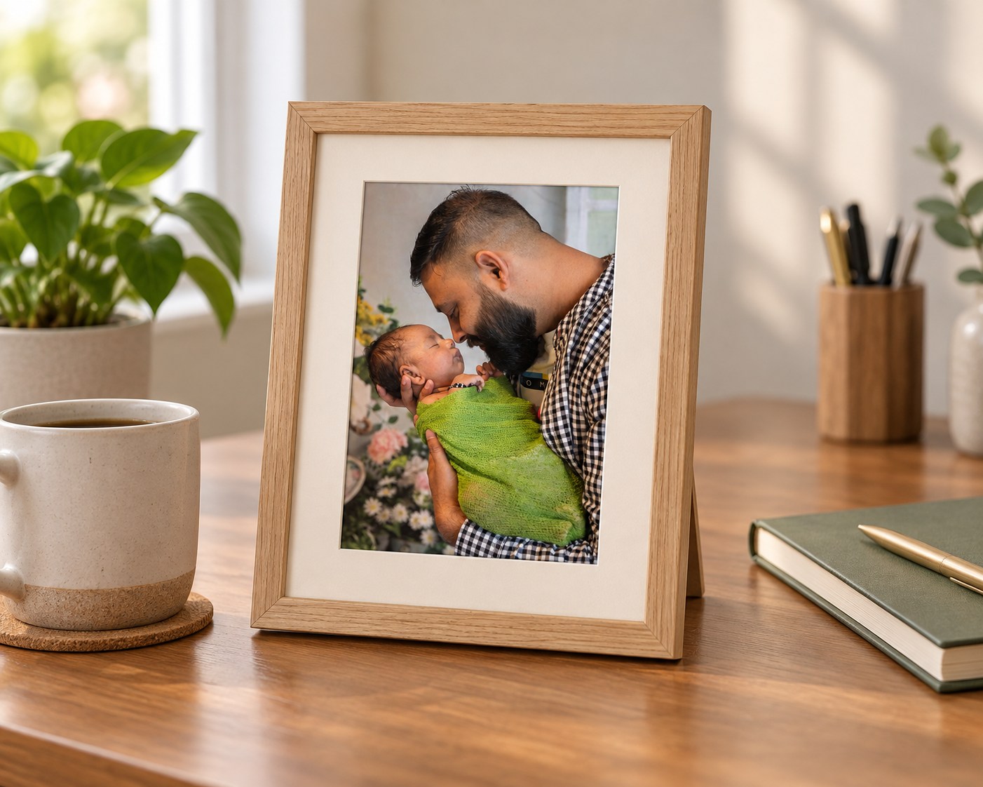 A father and newborn photograph displayed as a framed portrait 5 by 7 print on a wooden desk beside a mug and notebook.