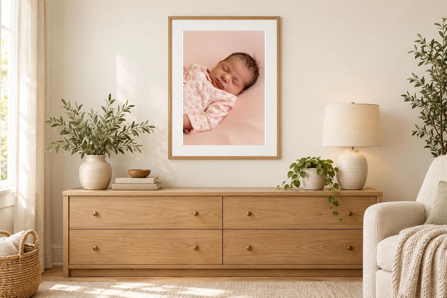 Illustrative nursery reading corner with an original sleeping-newborn photograph in an oak frame above a dresser.