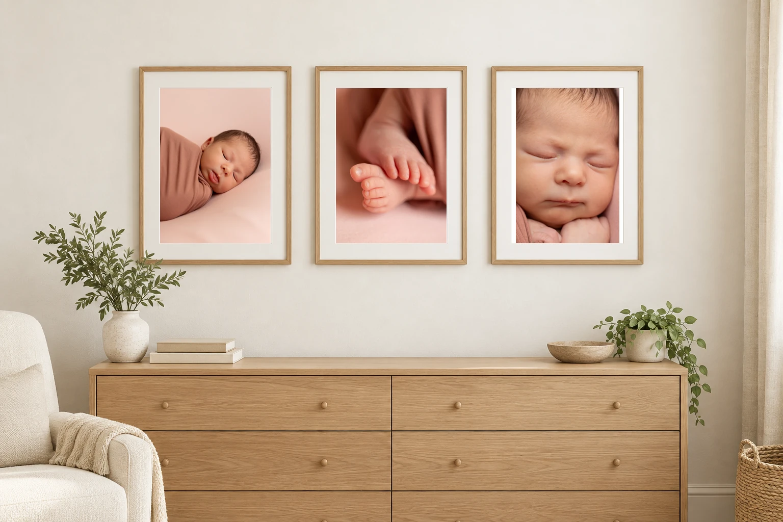 Illustrative three-frame nursery display with original photographs of a sleeping newborn, tiny feet and a close-up face.