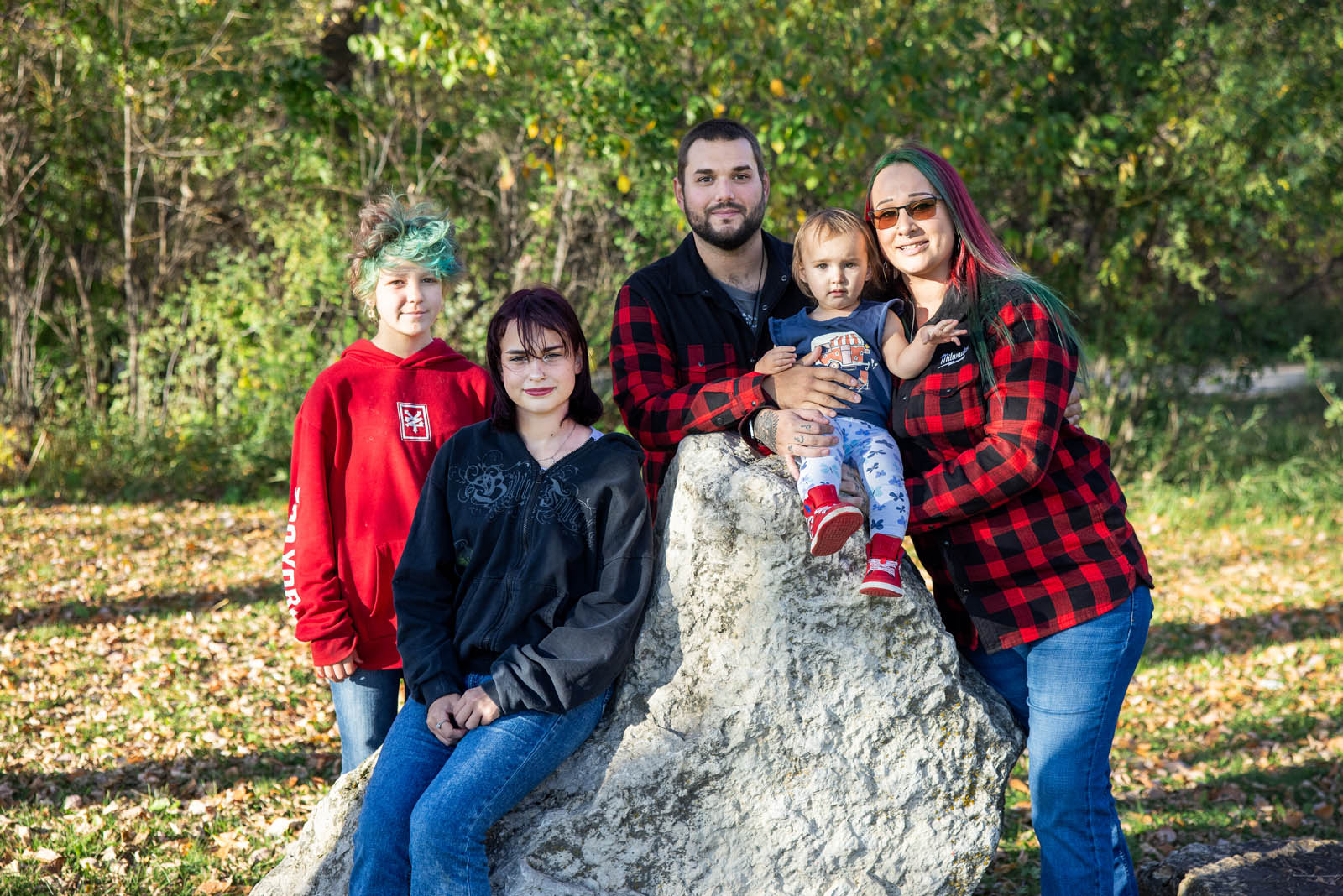 Family of five together at St. Norbert Monastery in Winnipeg.