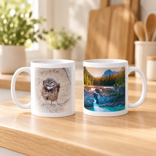 Illustrative display of Burrowing Owl and Natural Bridge photography mugs