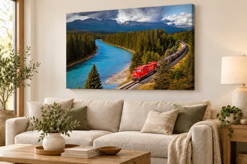 Banff Train canvas displayed above a sofa in an illustrative living-room mockup