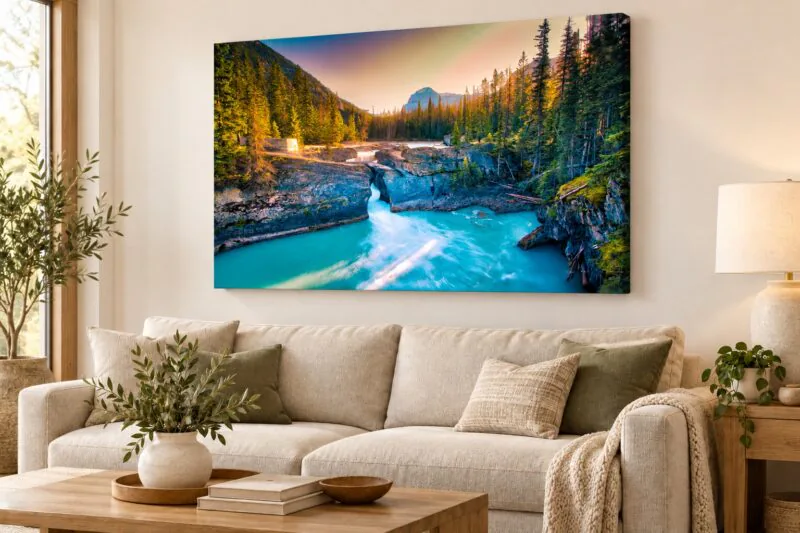 Natural Bridge canvas displayed above a sofa in an illustrative living-room mockup